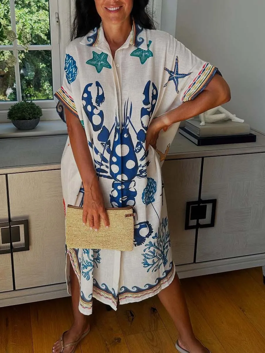 Lobster Ocean Print Shirt Midi Dress
