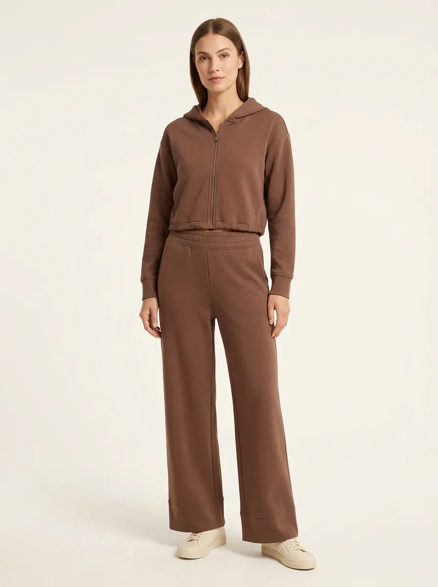 Women's Full-Zip Cropped Hoodie Elastic-Waist Wide-Leg Set