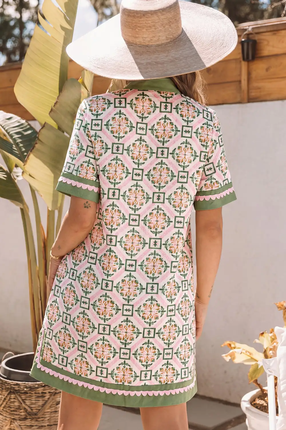 Floral Geometric Print Short Sleeve Mini Dress