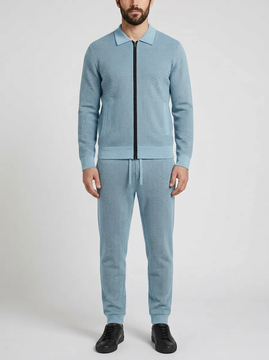 Men's Casual Houndstooth Polo Collar Jacket and Jogger Pants Set