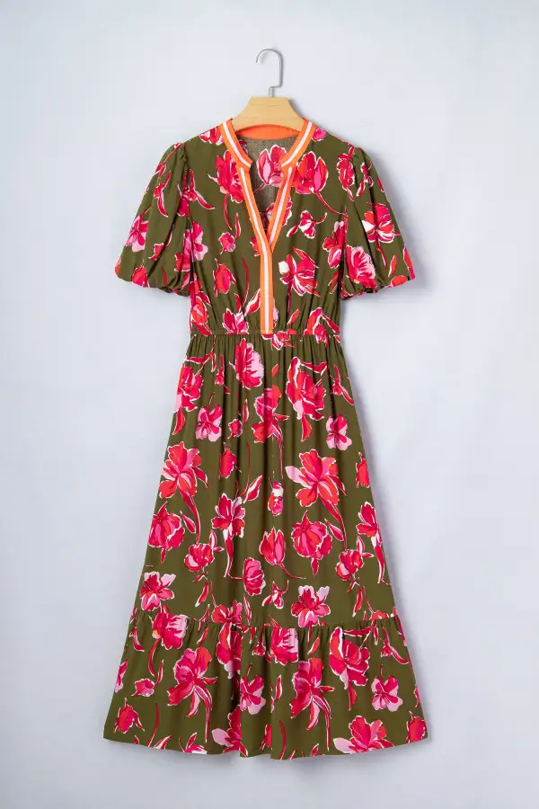 Floral Striped Split Neck Maxi Dress