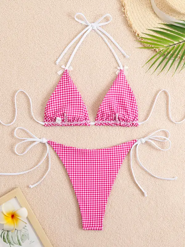 Lace Up Plaid Print Bikini Top Swim Set