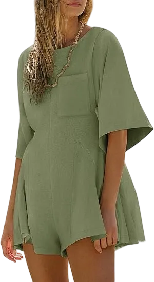 Women’s Summer Slim Fit Romper – Short Sleeve Crew Neck Jumpsuit with Pocket