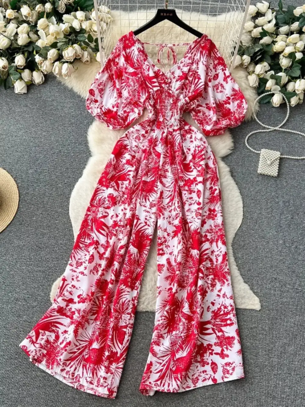 Smocked V Neck Wide Leg Jumpsuit