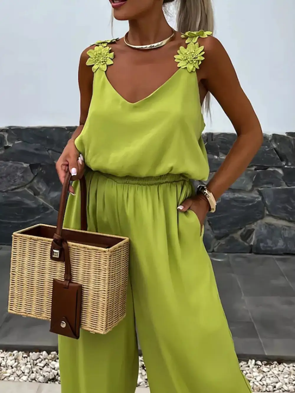 Floral Applique V Neck Wide Leg Jumpsuit