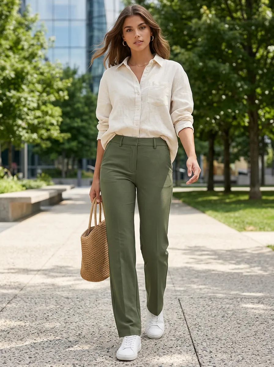 Women's Straight Leg Trousers with Mid-Rise Waist