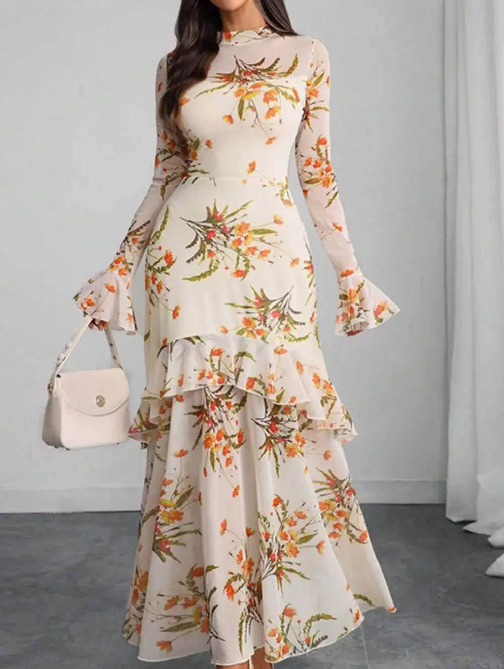 Dress With Lotus Leaf Sleeve And Floral Print
