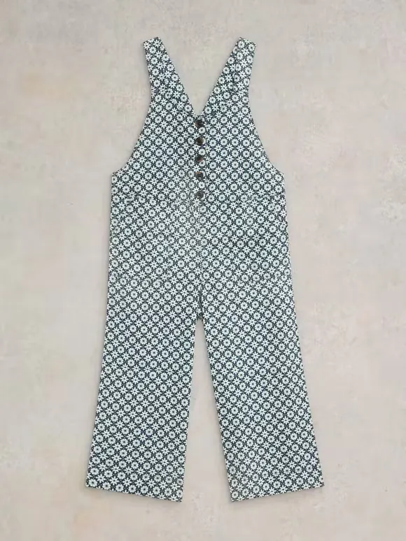 Crop Linen Dungaree In Green Print