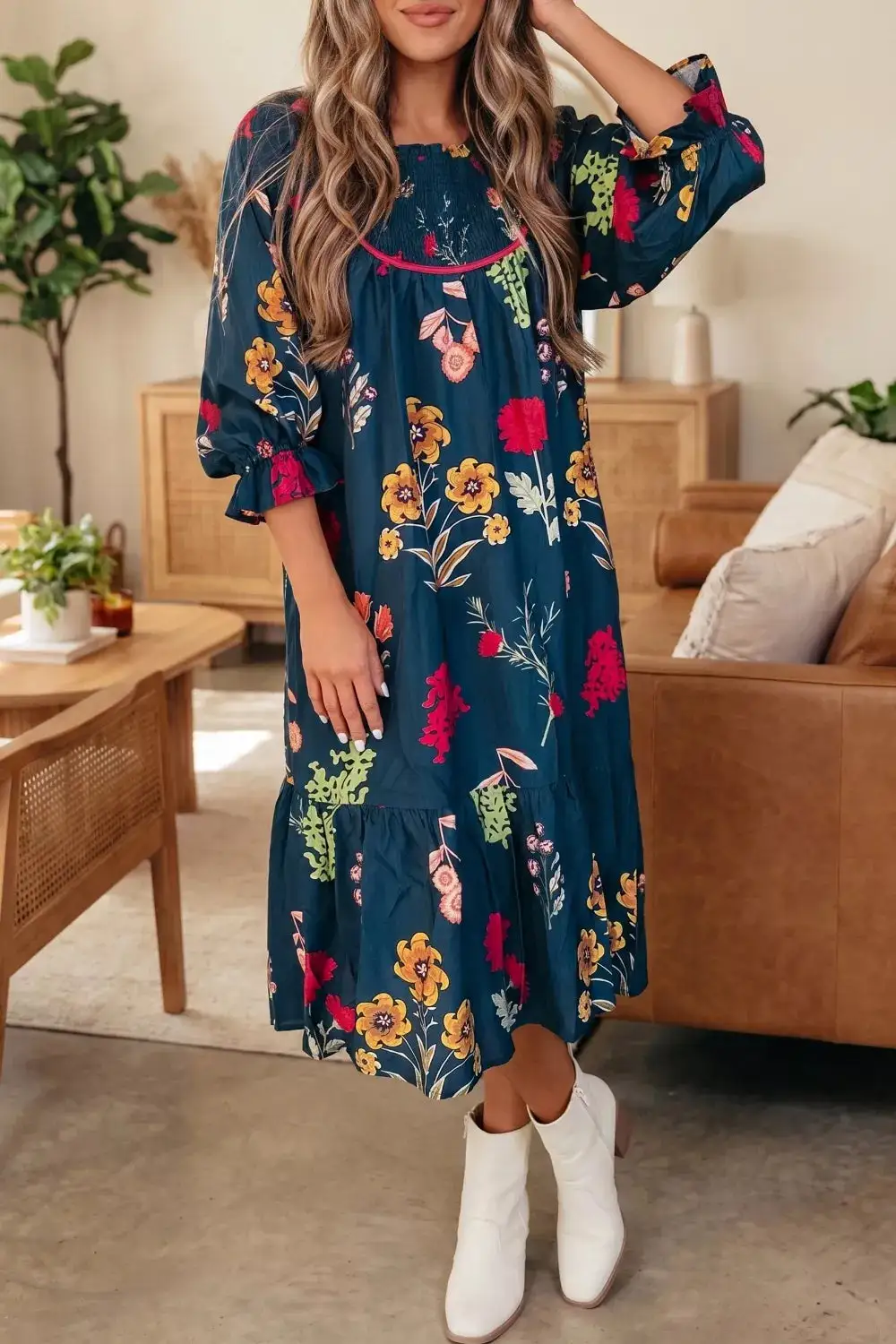 Print Gathered Neckline Sleeve Casual Midi Dress