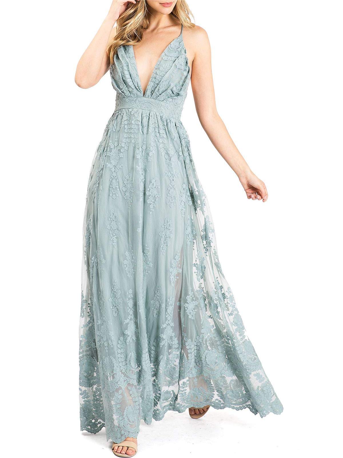 Light Blue Lace V - Neck Maxi Dress