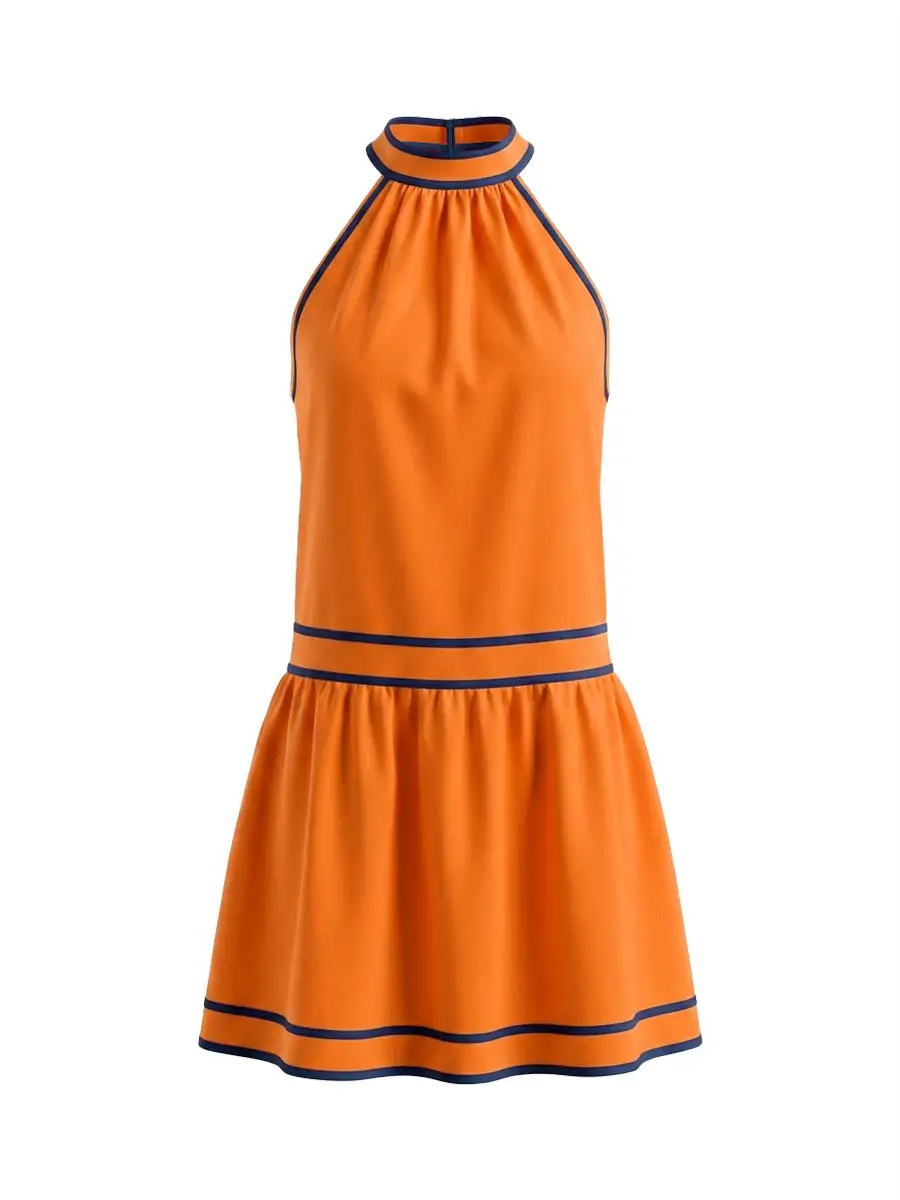 A Line Sleeveless Contrast Color Pocket Zipper Halter Neck Mini Dress