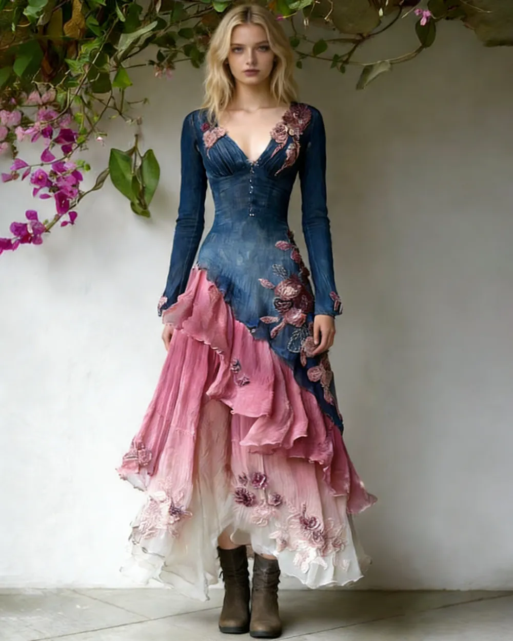 Women's Spring Elegant Flowers Irregular Ruffle Linen Dress