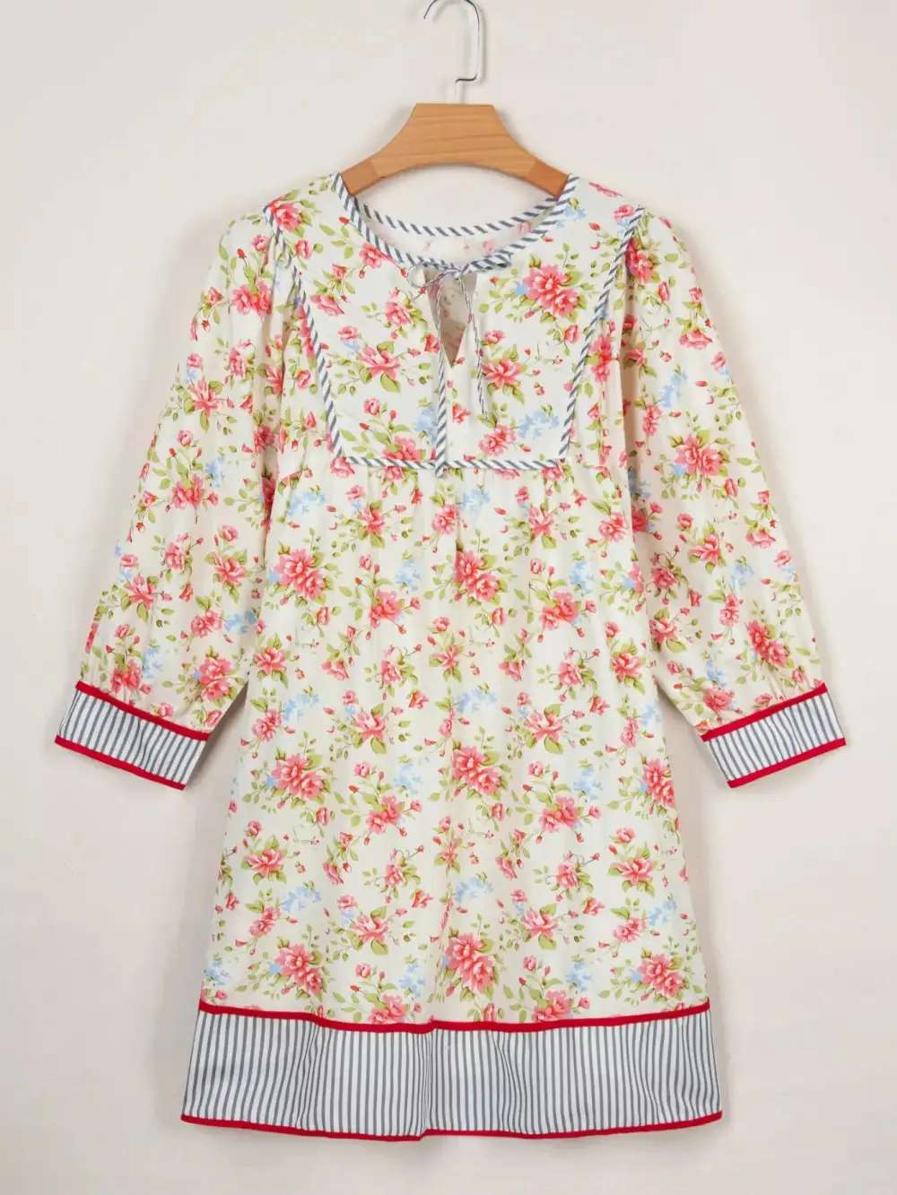 Floral Striped Puff Sleeve Dress Casual