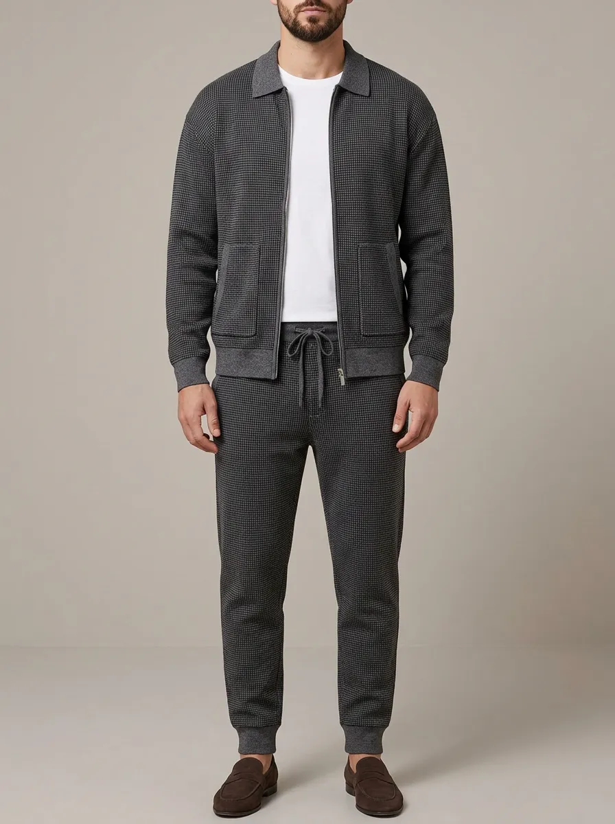 Men's Contemporary Houndstooth Polo Collar Jacket and Jogger Pants Set
