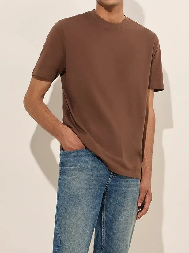 Brown Solid Loose Cotton T-Shirt