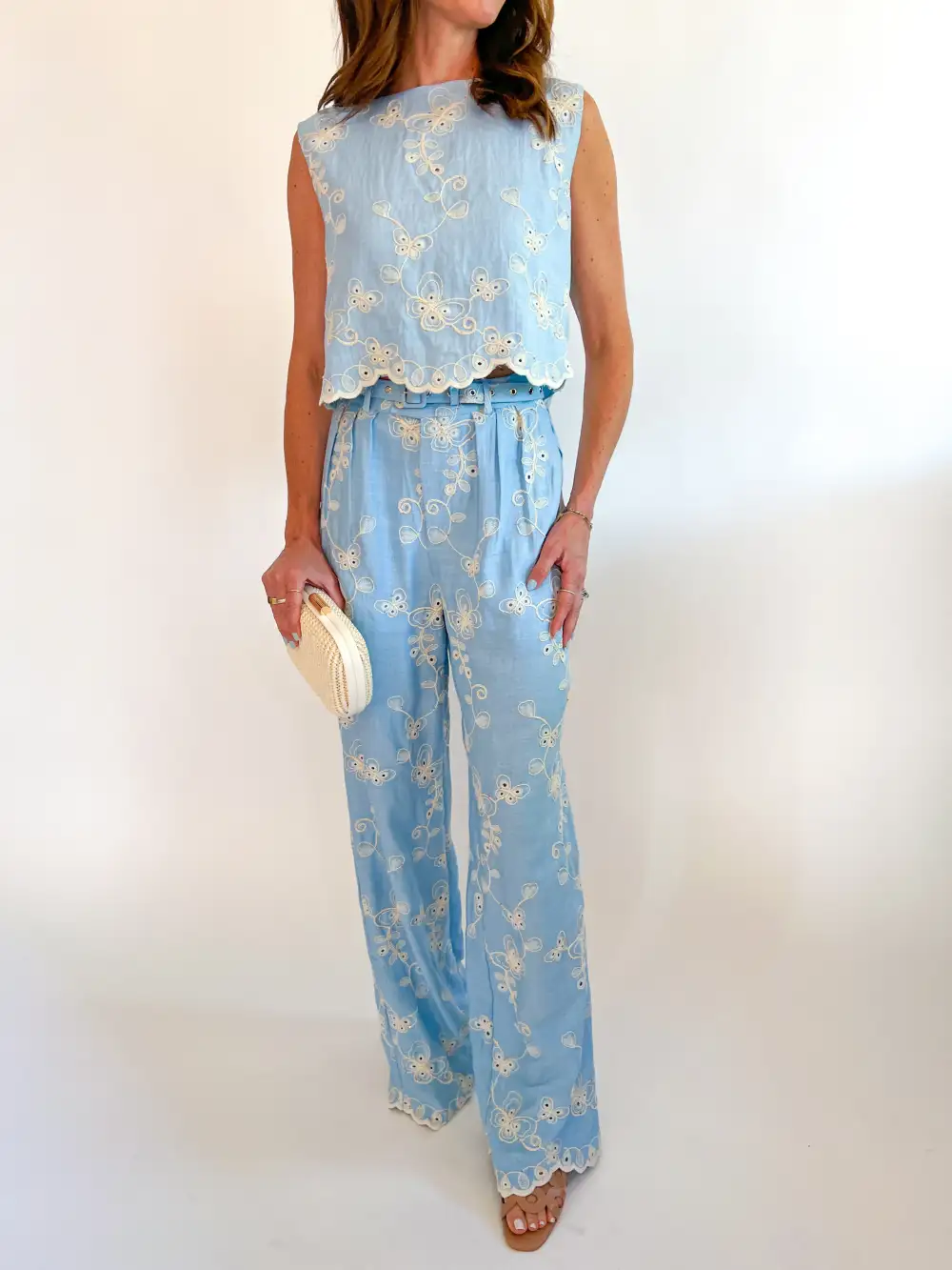 Embroidered Linen Top And Pants Set