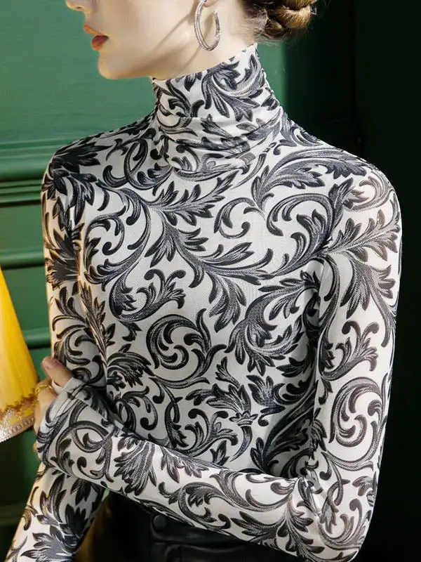 Long Sleeve Slim Fit Contrast Panel Detail High Neck Polyester T-Shirt