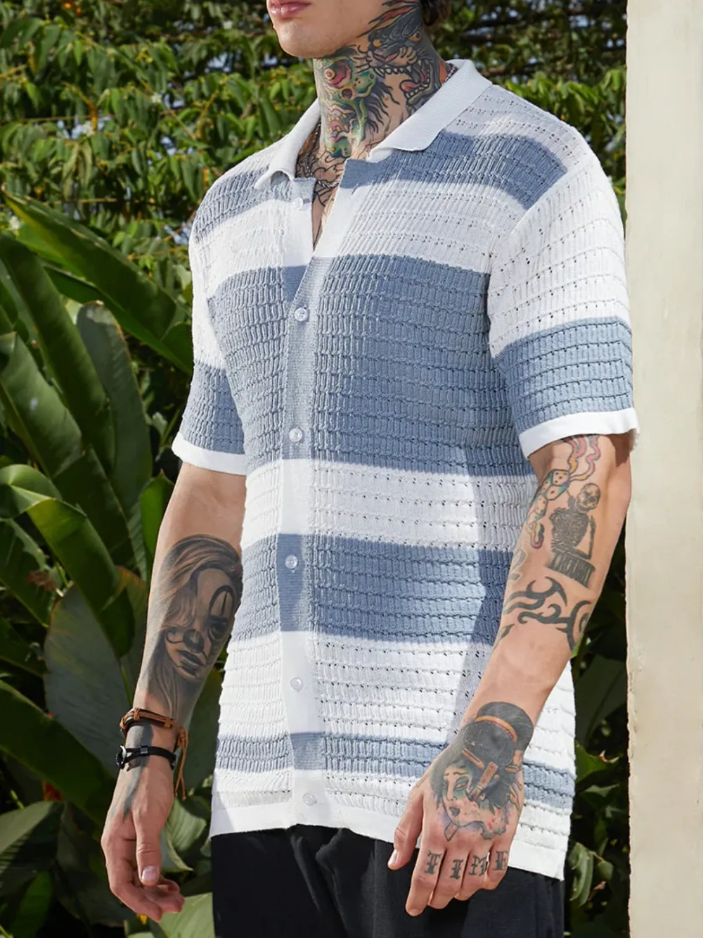 Striped Knit Short Sleeve Polo Shirt