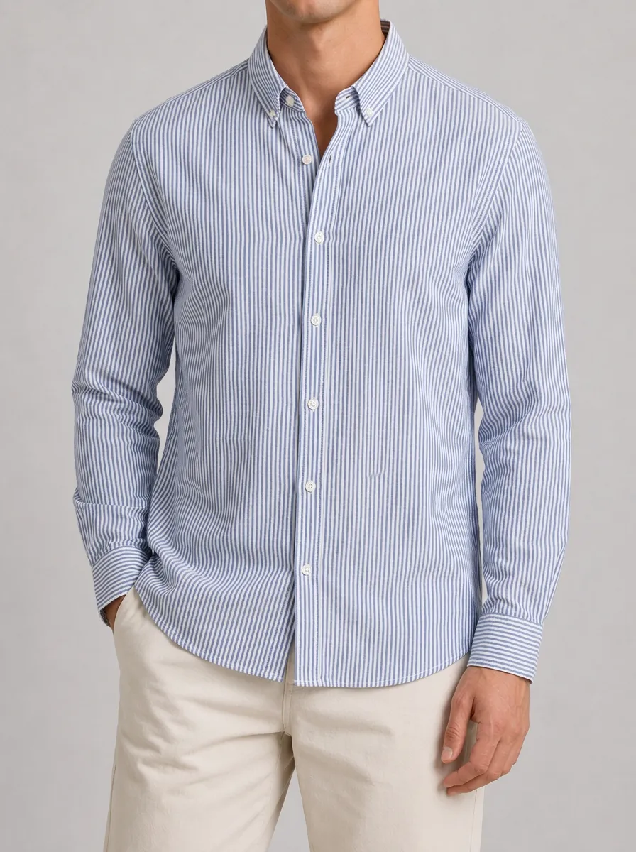 Men's Casual Business Blue Striped Printed Button Down Shirt