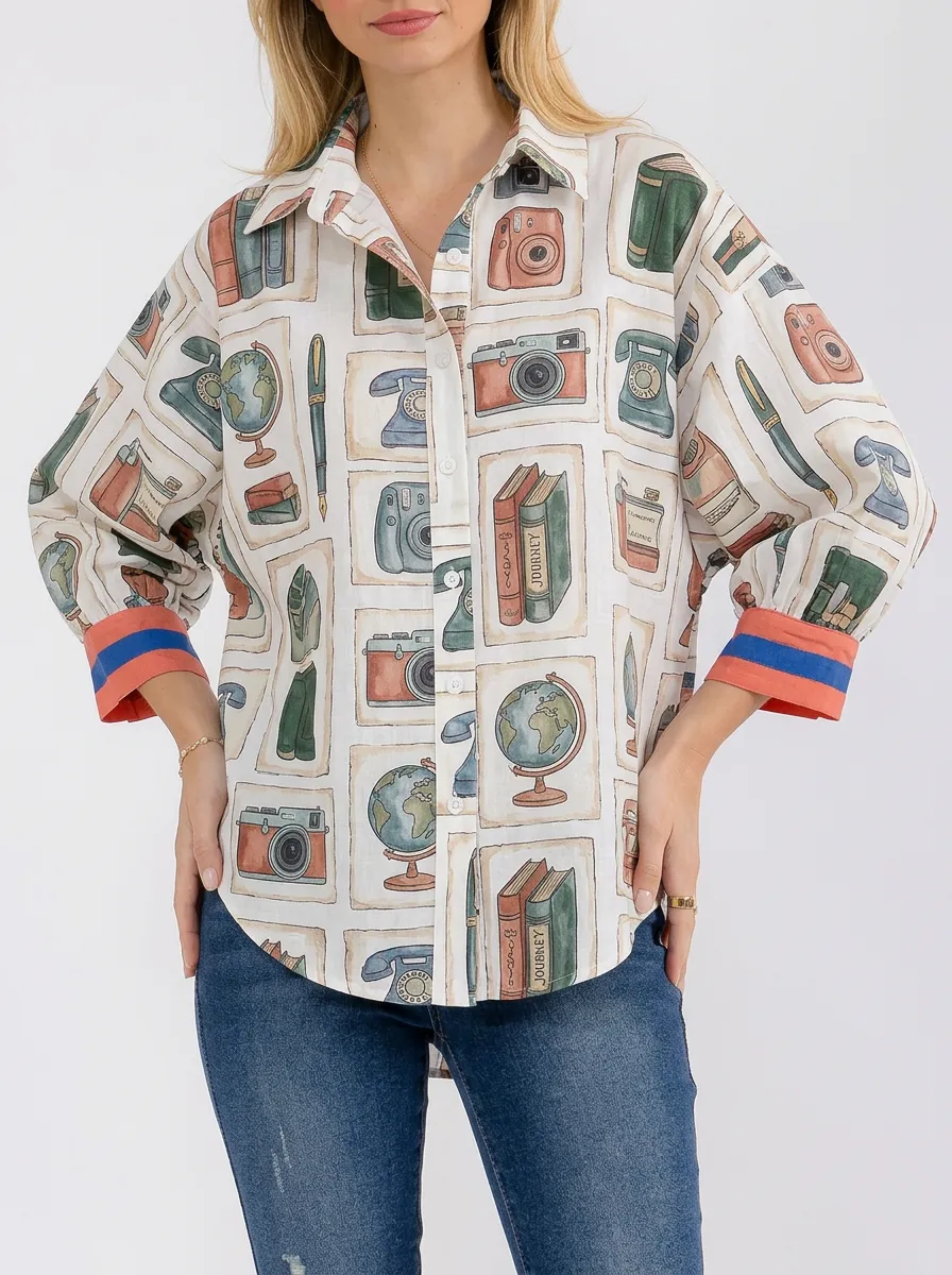 Women's Vintage Travel Hobby Camera Globe Book Printed Shirt