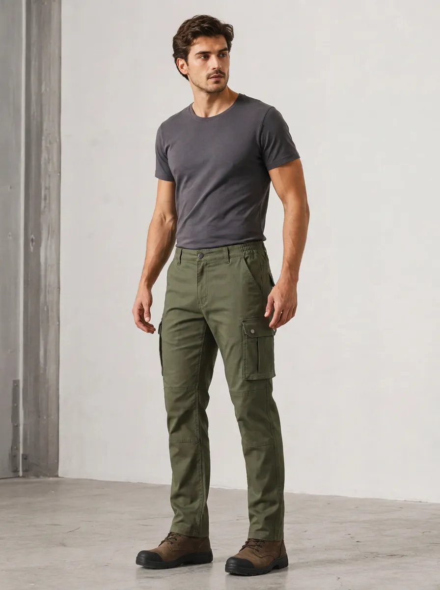 Men's Olive Green Utility Cargo Pants with Short Sleeve Detail
