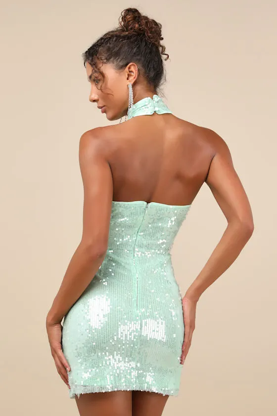 Sensational Purpose Mint Sequin Halter Tulip Mini Dress