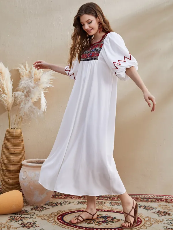 Puff Sleeve Embroidery Yoke Smock Dress