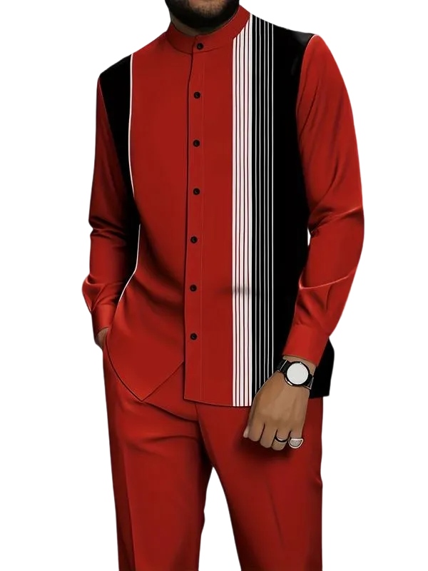Men's black and white striped button-down shirt with drawstring waist casual pants