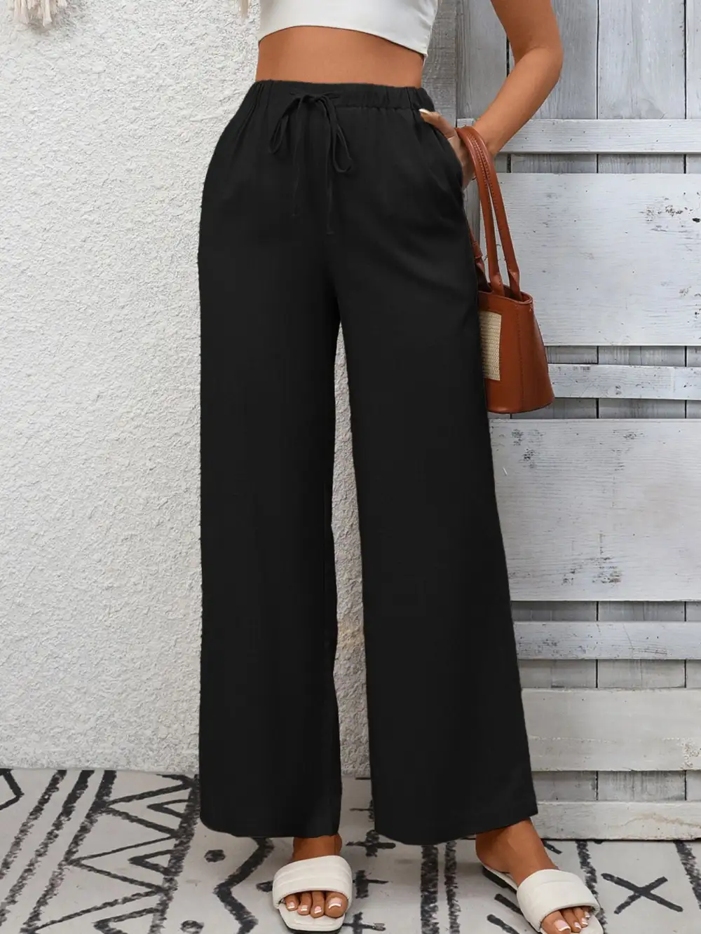 Drawstring High Waist Wide Leg Pants