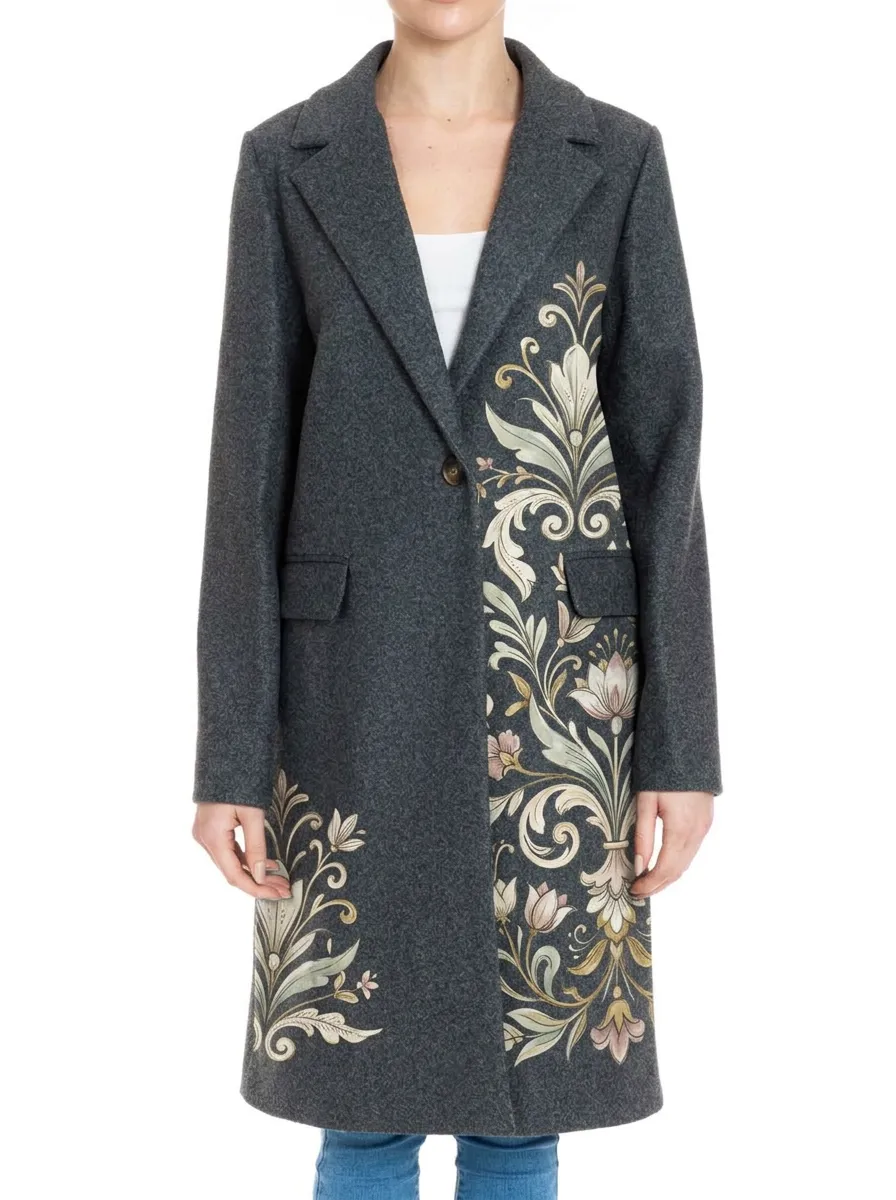 Women's Vintage Floral Botanical Printed Wool Coat