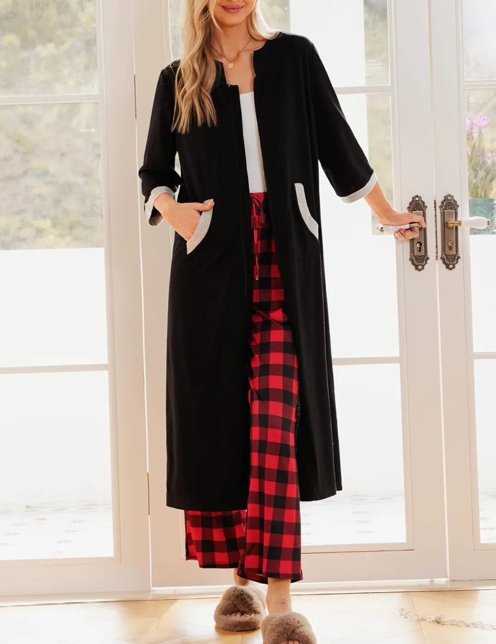 50% OFF Women Zipper Robe 3/4 Sleeves Loungewear Dress Full Length Sleepwear Pockets Housecoat Nightgown Long Bathrobe