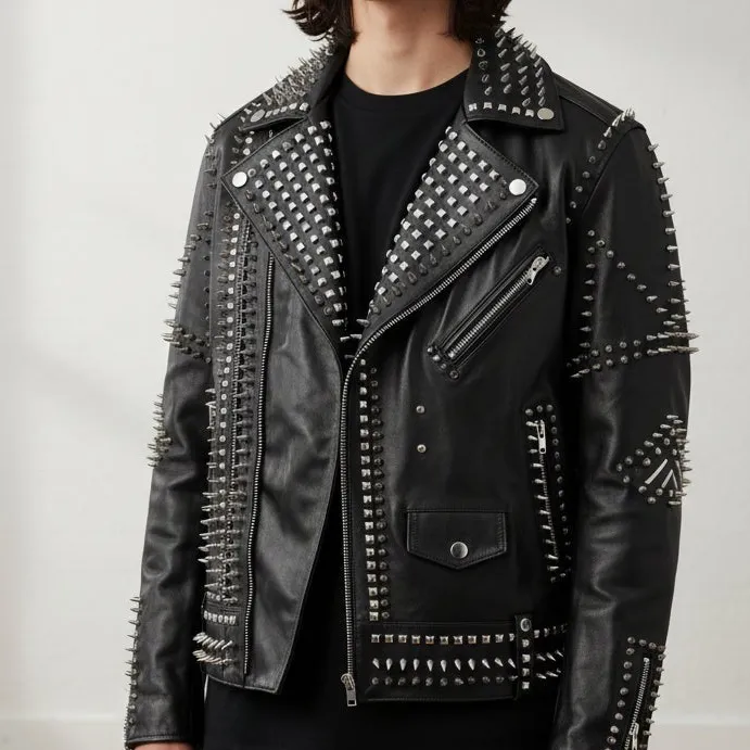 Modern Leather Biker Studded Embroidered Jacket