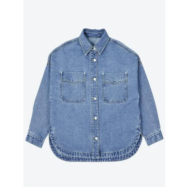Women's Plain Button Front Drop Shoulder Curved Hem Denim Jacket