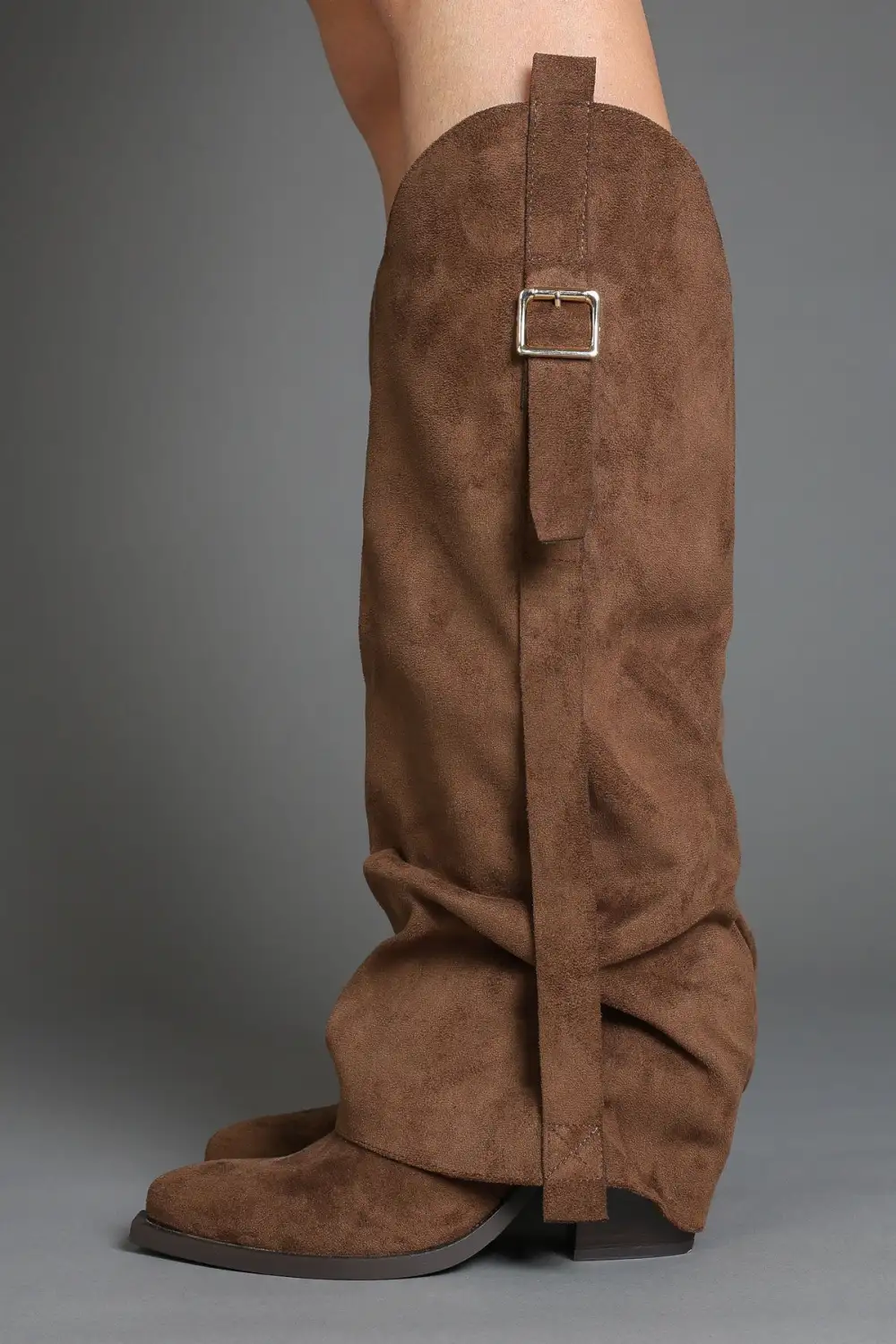 Modern Western Slouch Fold-Over Buckle Detail Knee High Boots