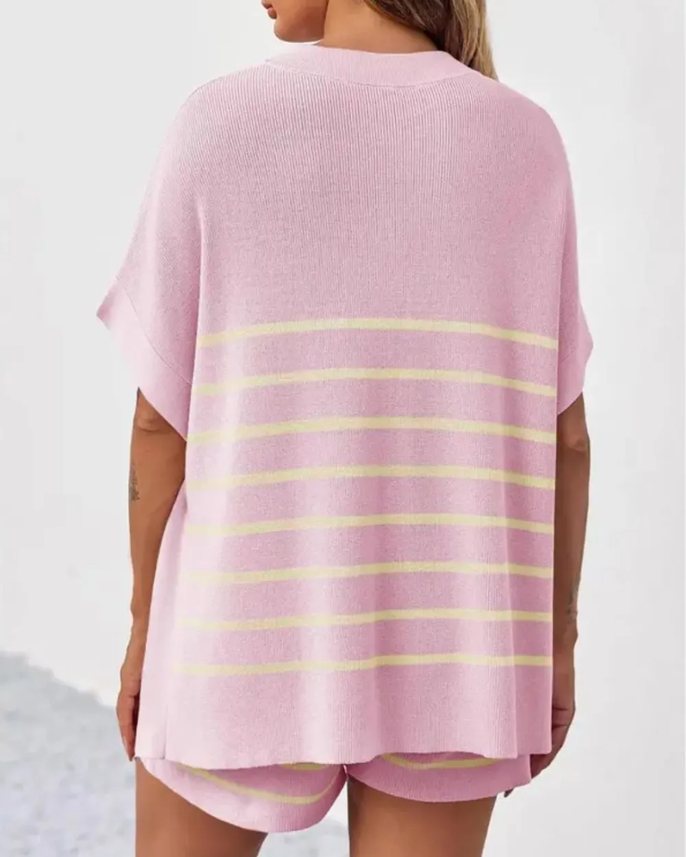 Striped Batwing Top and High-Waist Shorts Two-Piece Lounge Set