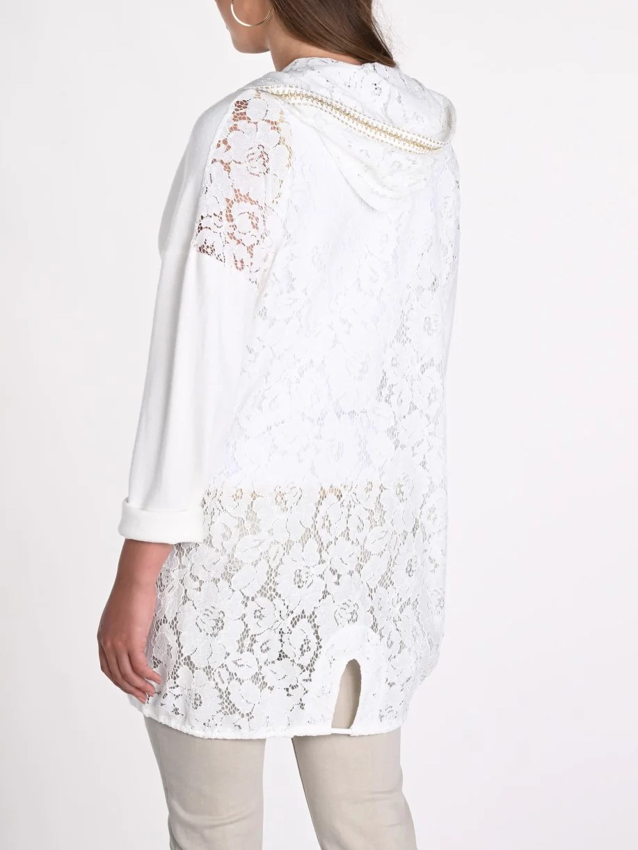 Embroidered White Hooded Cardigan