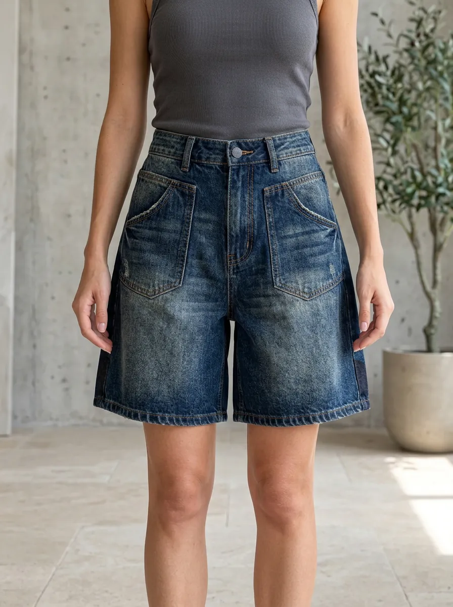 Women's Vintage Wash High-Waisted Patch Pocket Denim Shorts