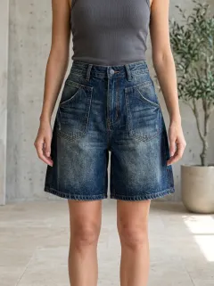 Women's Vintage Wash High-Waisted Patch Pocket Denim Shorts