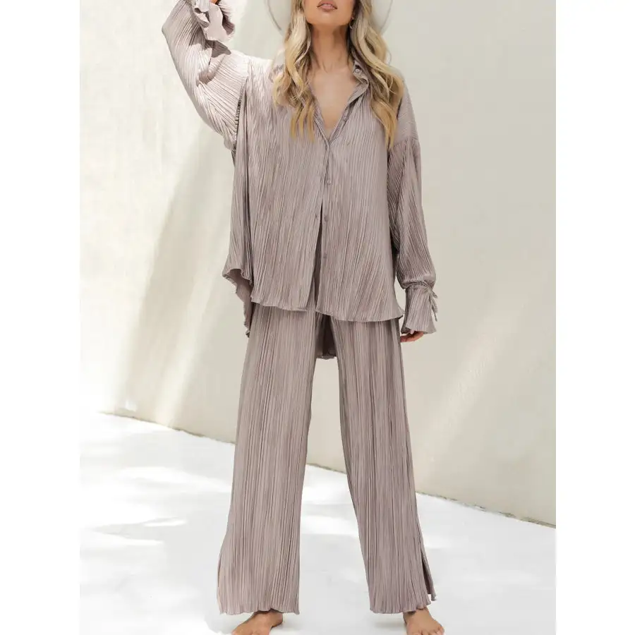 Button Up Long Sleeve Top and Pants Set