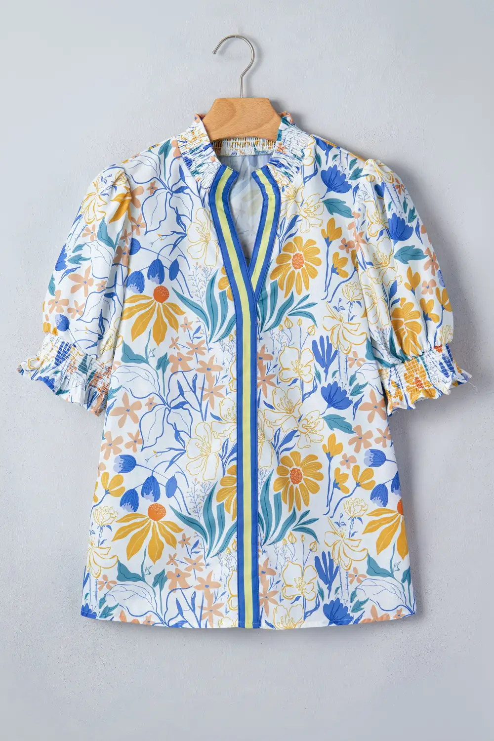 Yellow Floral Print Striped Trim V Neck Puff Sleeve Blouse
