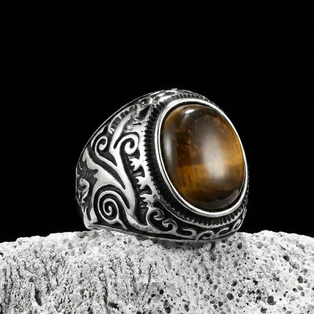 Men's Sculpted Scrollwork Tiger Eye Signet Ring