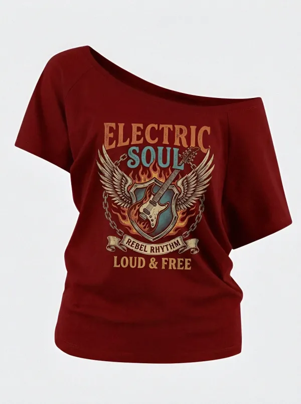 Women's Rock Music Lover Electric Guitar Wings Printed Off-Shoulder Top