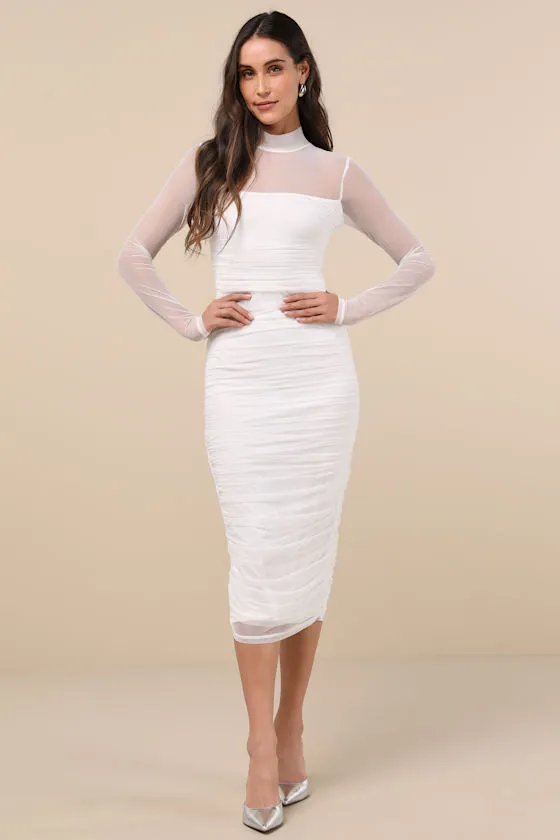 Impressive Flirt Black Mesh Ruched Mock Neck Midi Dress