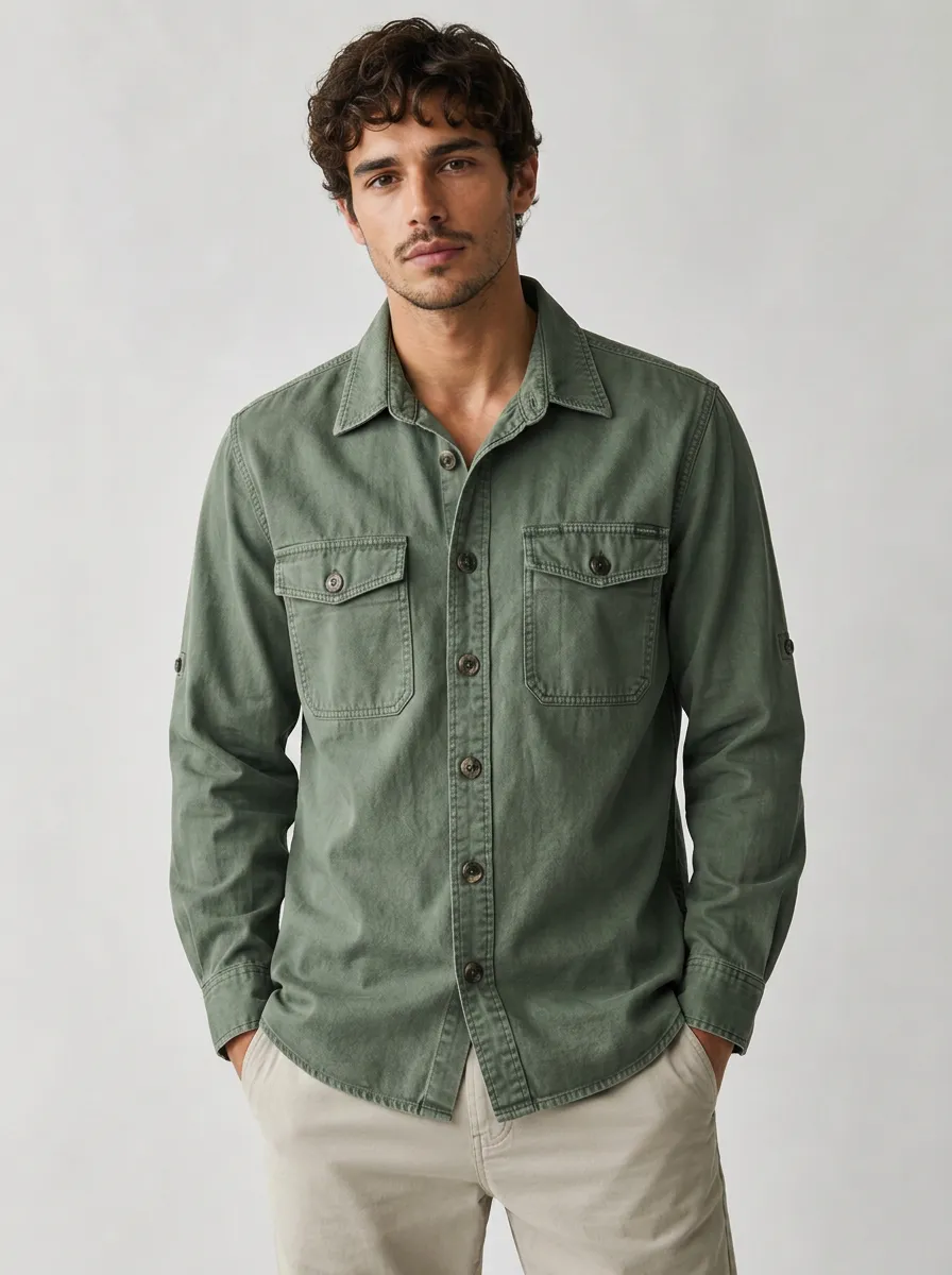 Men's Olive Green Utility Button-Down Shirt - Design D