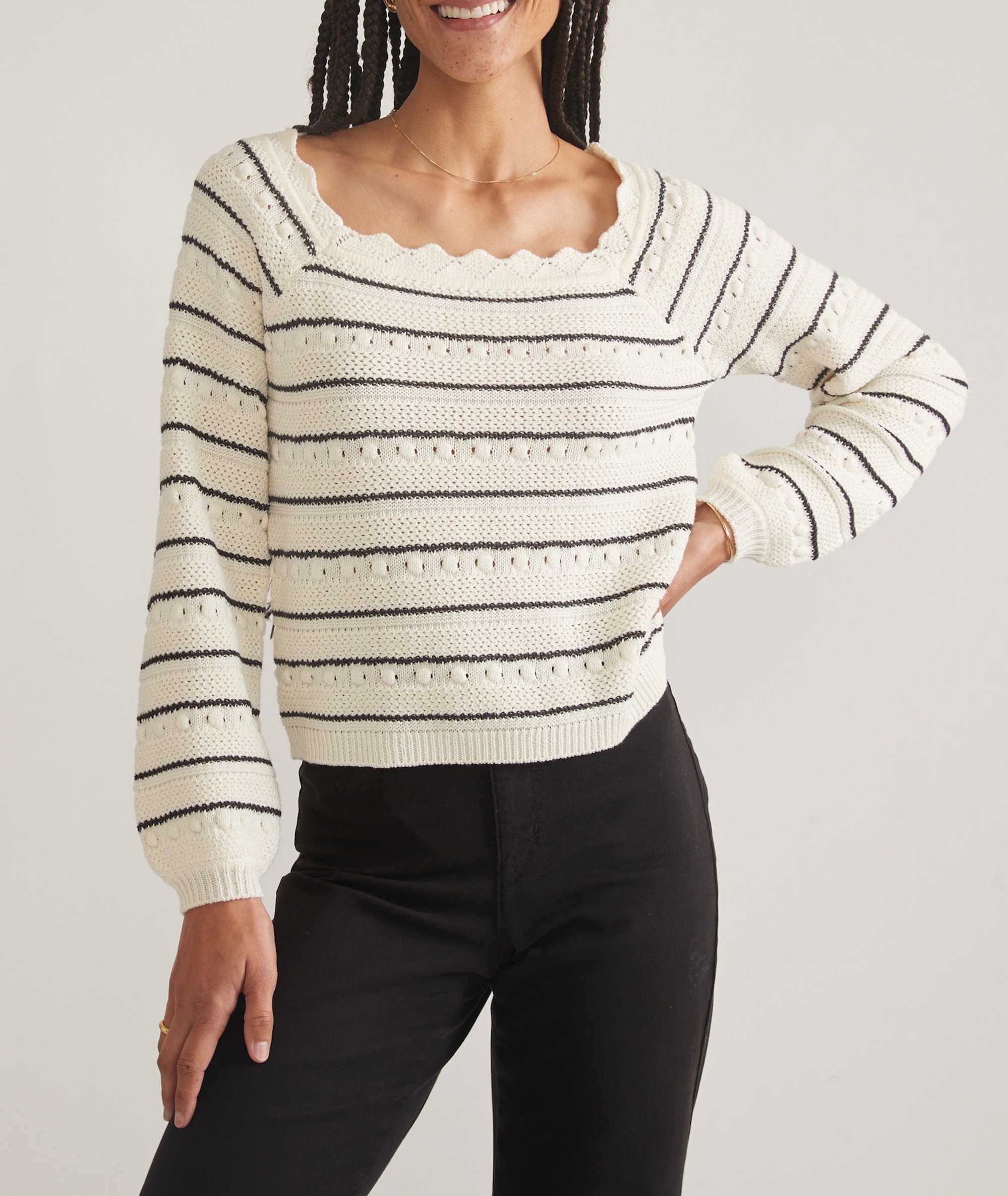 Scalloped Edge Striped Knit Top