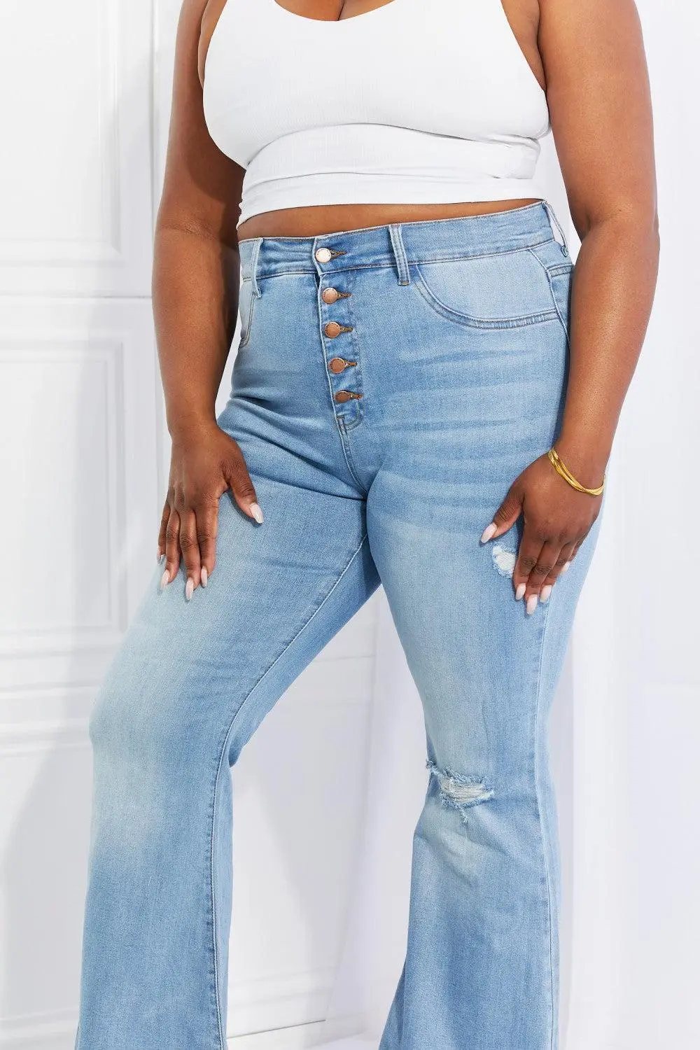 Contoured Flare Leg Button Denim Jeans