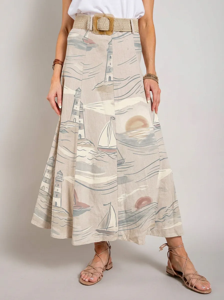 Women's Nautical Ocean Lover Lighthouse Sailboat Printed Skirt