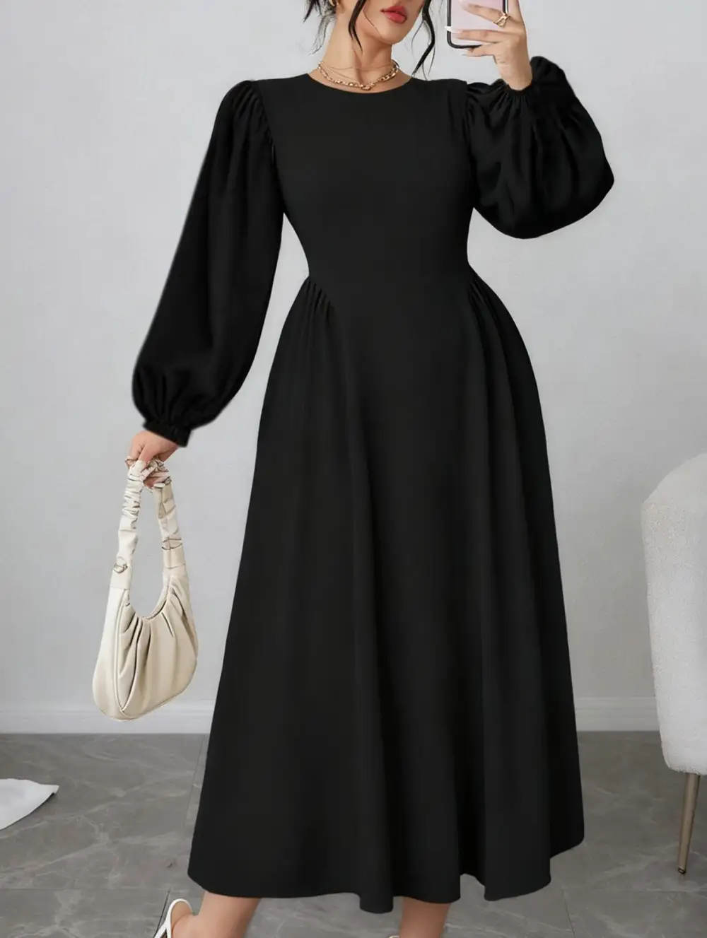 High-Waisted Round Neck Simple Puff Sleeve Dress