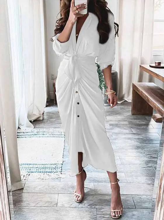 V Neck Pleated Strap Midi Dress