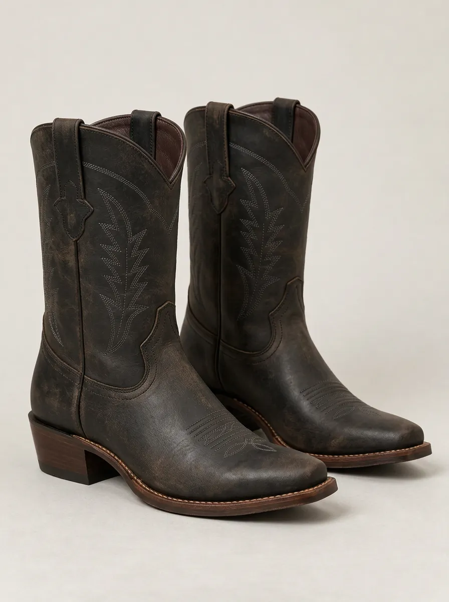 Unisex Distressed Leather Western Boots with Stitch Detail